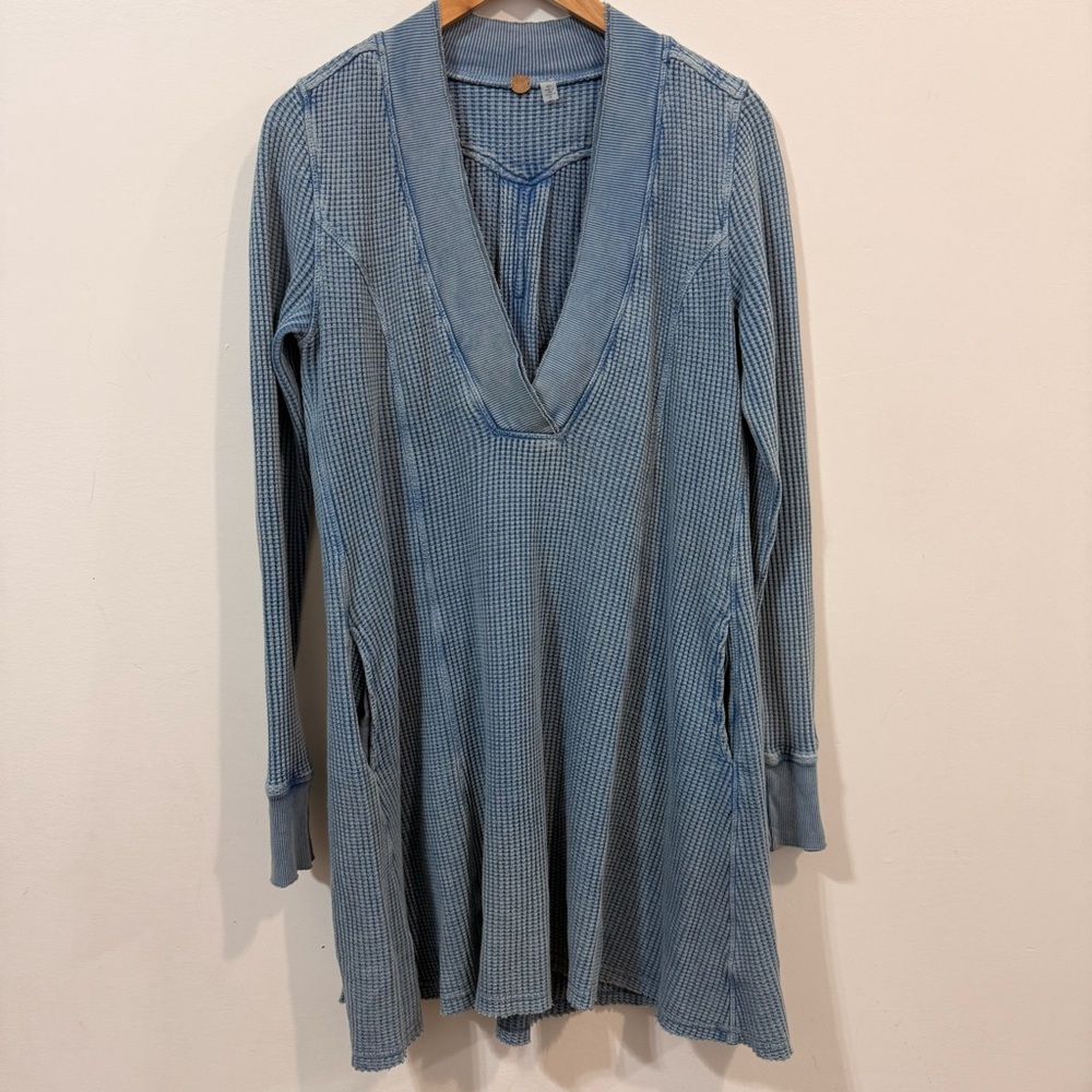 FP One Light Blue Waffle Knit Thermal Long Sleeve V-neck Flowy Mini Dress Size M